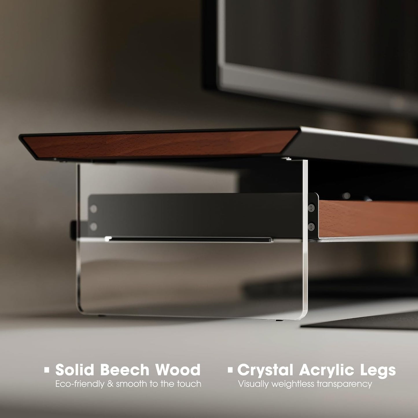 Fenge Dual Monitor Stand with Drawer, 42.5 Inch Large Monitor Riser with Acrylic Legs Supports, Computer Stand for Desk, 2 Tier Wood Desk Shelf with Storage Organizer for PC, Laptop, Printer, TV