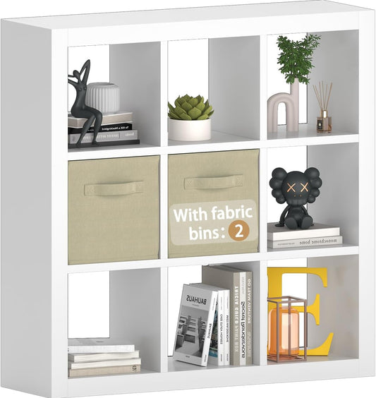 Bookshelf with Storage Bins, 9-Cube Storage Organizer Sturdy Wooden Bookcase Open Book Shelf, Multifunctional Cubicle Rack for Storages & Display, Furniture for Living Room Bedroom Office, White