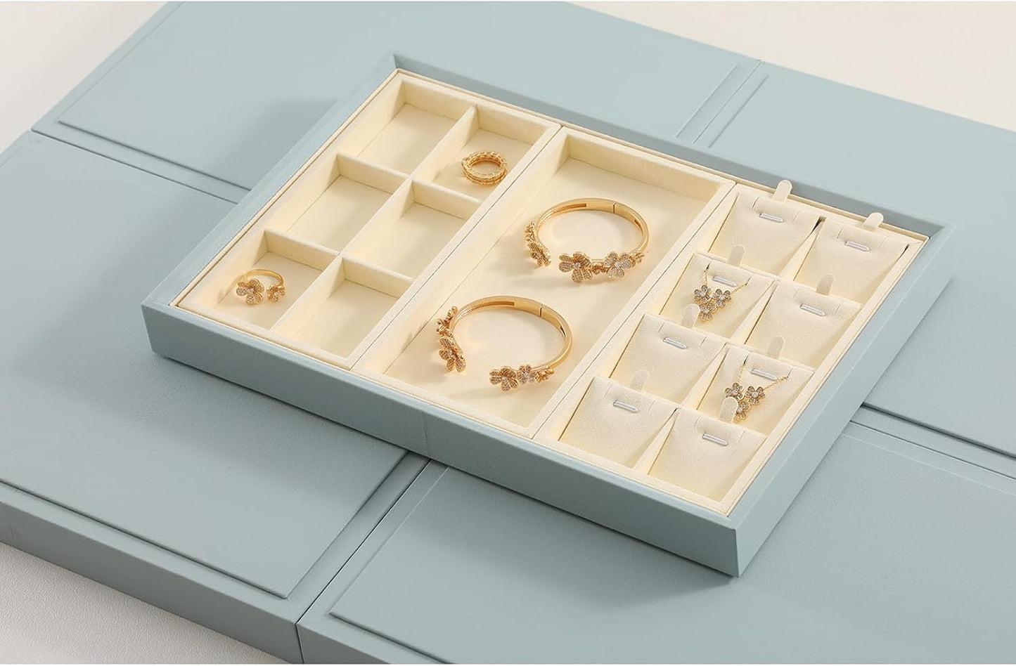 Dark Blue Jewelry Display Tray Ring Necklace Earring Bangle Organizer Multifunctional Storage Case for Jewelry Showcase (Long Empty Tray(beige))