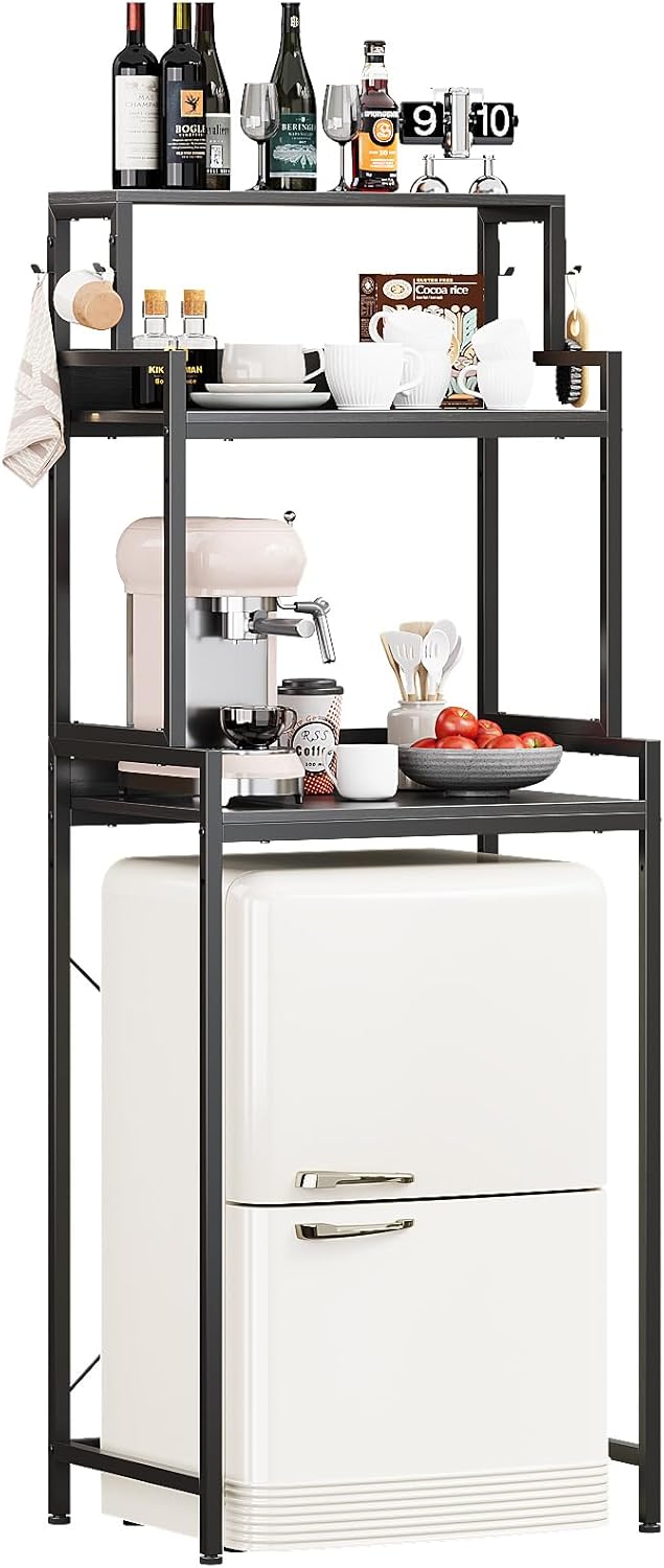 3-Tier Mini Fridge Stand Kitchen Bakers Rack with Adjustable Shelves, Freestanding Microwave Stand with Storage, Split Design Coffee Bar Shelf for Home Office Dorm (Black, 25.6")