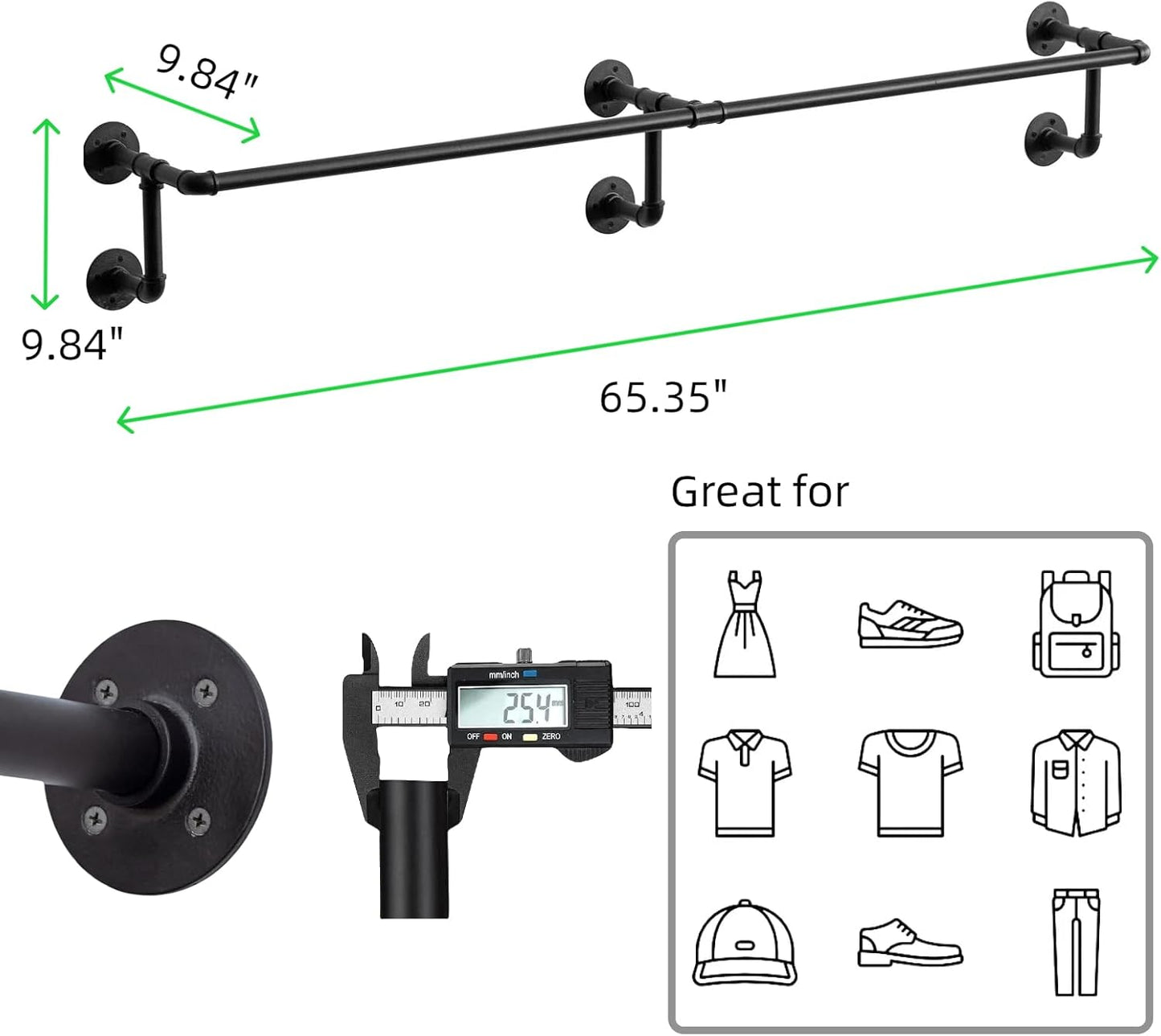 Wall Clothes Rack, Industrial Pipe Clothing Rack for Hanging Clothes, Wall Mounted Heavy Duty Space Saving Garment Racks, Multi-Purpose Clothing Hanging Rods for Closet Storage, Black
