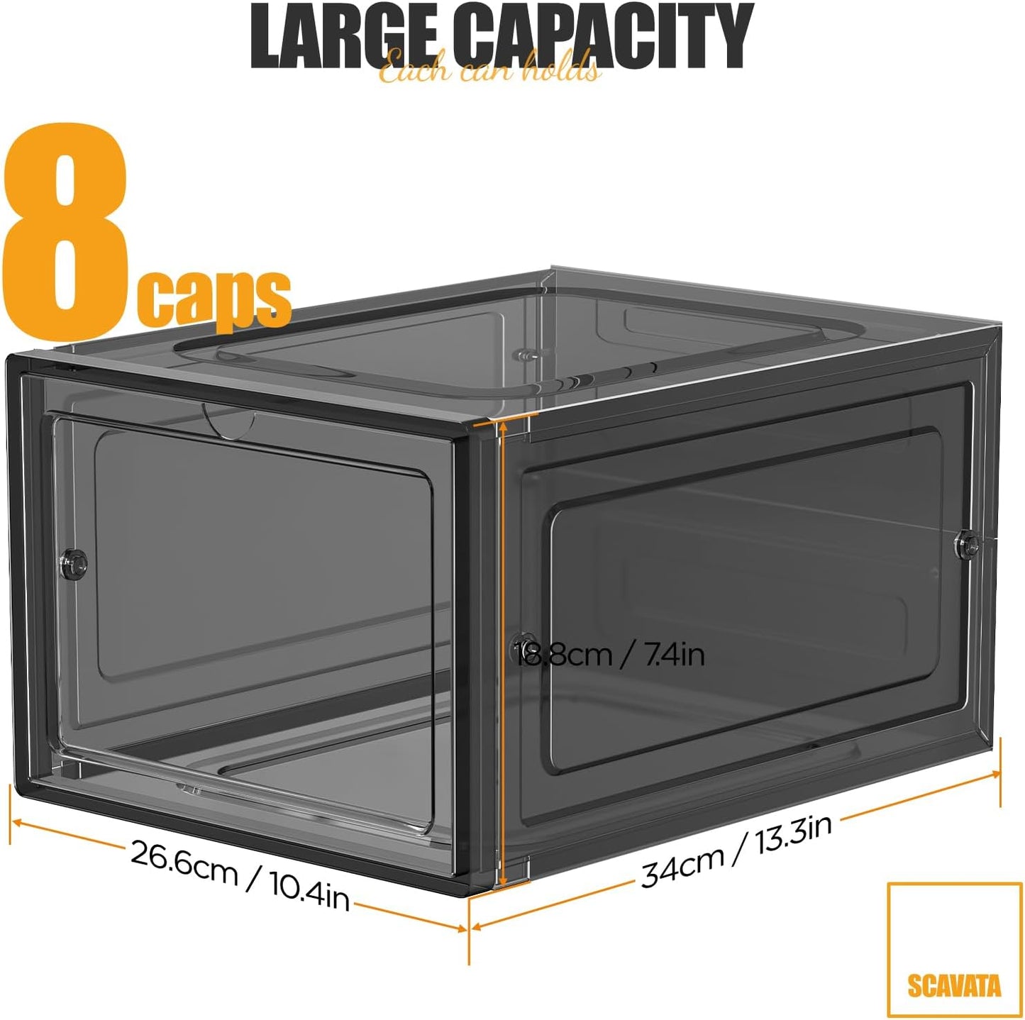 Hat Organizer Box, Stackable Clear Baseball Caps Holder Box Containers with Magnetic Door for Hats Snapback Cap Storag, Hat Rack Display Case, Holds 8 Hats Each (Black, 4 Pack)