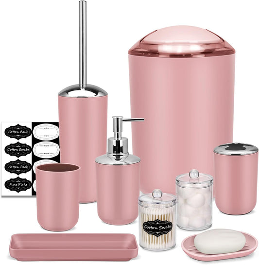 IMAVO Bathroom Accessories Set,Pink Bathroom Set,9 Pieces Bathroom Accessory Set,Tray,Qtip Holders,Toilet Brush,Trash Can for Bathroom Décor and Home Gifts