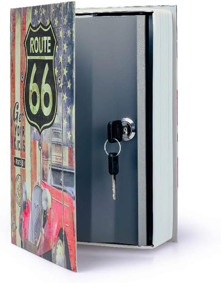 Diversion Book Safe Storage Box (9.5"×6"×2.2"), Dictionary Secret Safe Can with Security Key Lock, Diversion Book Hidden Safe (Route 66 Road-Key)