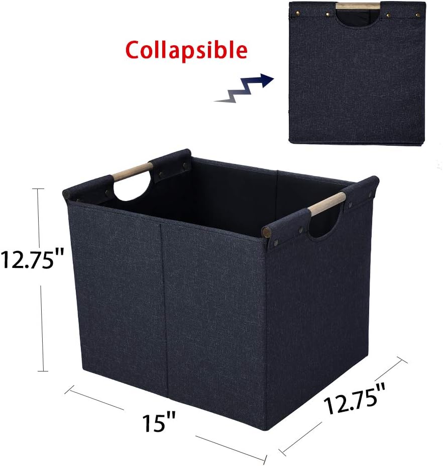HOONEX Large Collapsible Storage Bins, Linen Fabric, 2 Pack, Storage Baskets with Wooden Carry Handles and Sturdy Heavy Cardboard, for Home, Office, Car, Nursery, Dark Grey
