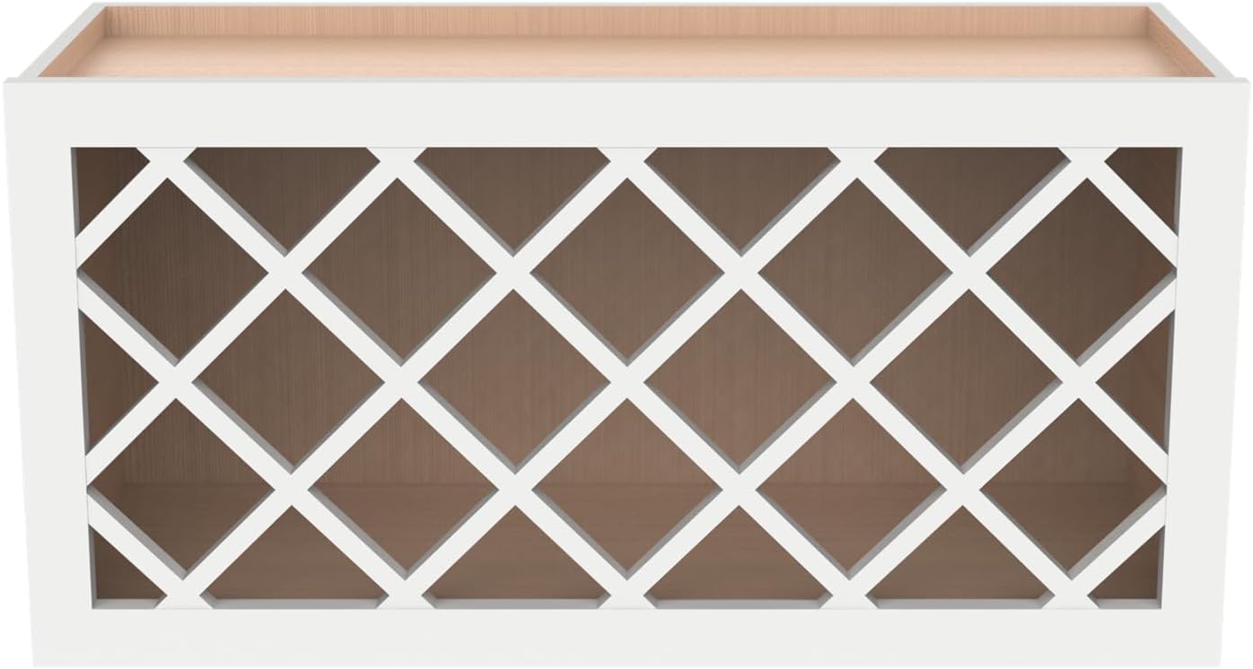 Solid Wood RTA Wine Bottle Rack Wall Cabinet with Lattice Panels - Wine Storage for Bar, Pantry, Cellar - Mocha (Origami White, 30'W 12'D 15'H)