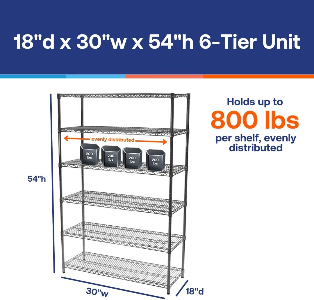 Shelving Inc. 18" d x 30" w x 54" h Chrome Wire Shelving with 6 Tier Shelves, Weight Capacity 800lbs Per Shelf