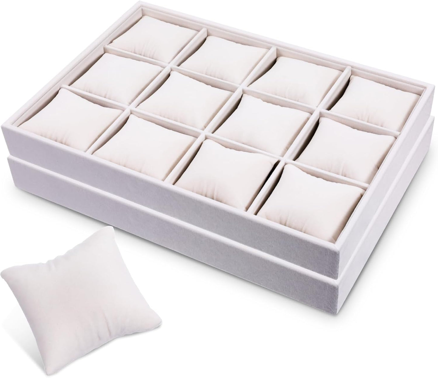 2 Pcs Velvet Watch Tray, 12 Grid Jewelry Organizer Stackable Tray Watch Bracelet Bangle Display Holder with Adjustable Pillows for Woman Man (Beige)
