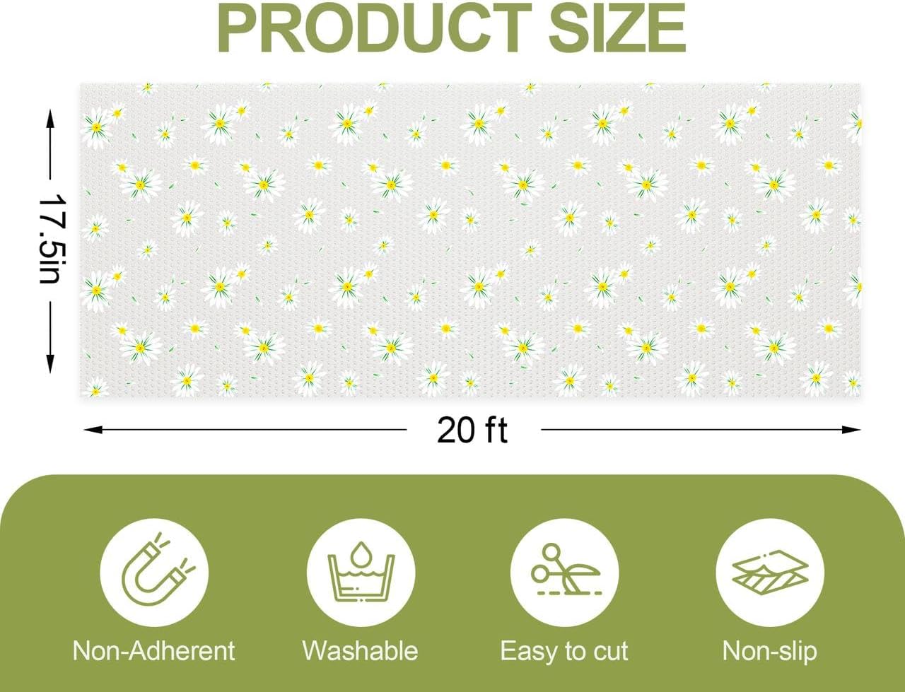 FEXIA Shelf Liner 17.5 Inch x 20 FT Daisy Non Slip Waterproof Cabinet and Drawer Liner for Kitchen Cabinet Refrigerator Pantry Closet Durable Non Adhesive