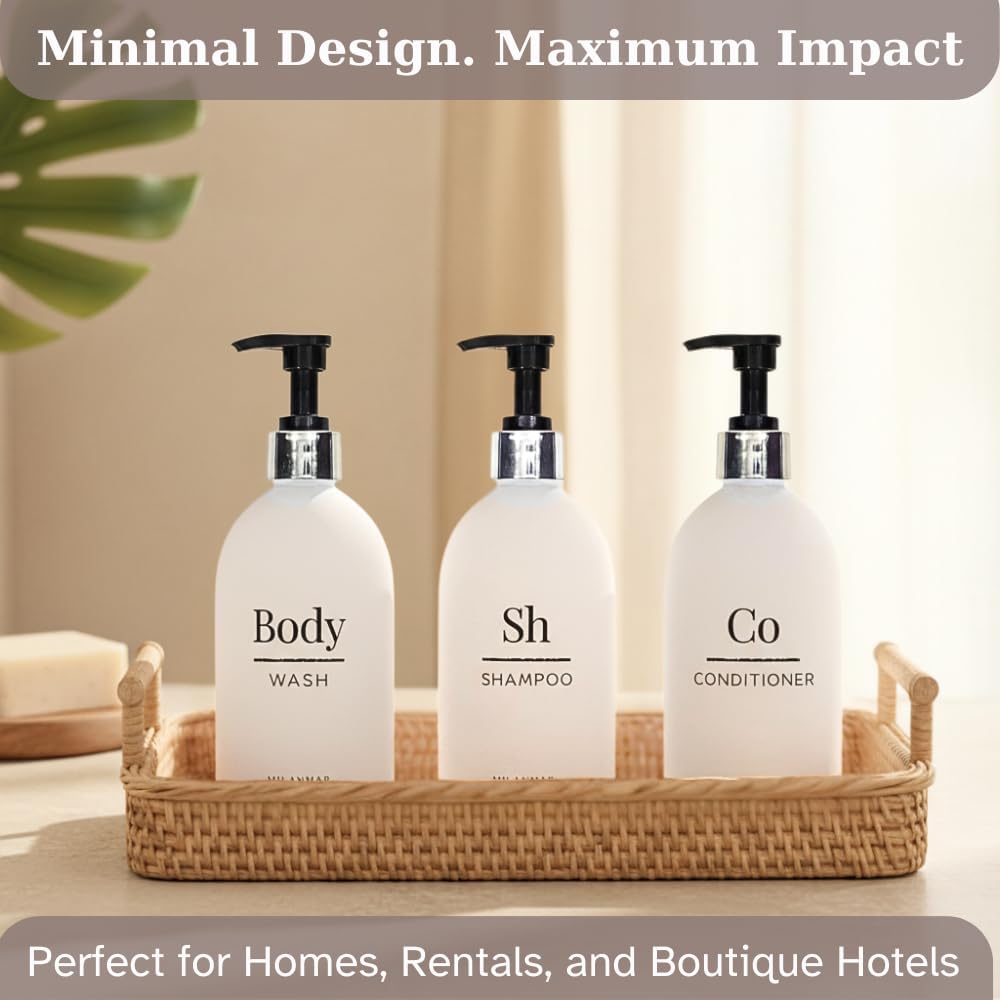 Shampoo Conditioner Body Wash Dispenser Set - Refillable Matte Plastic Cylindrical Bottles, 16.9 oz Pump Containers, Minimalist Bathroom Organization, Pack of 3 [White-Silver]