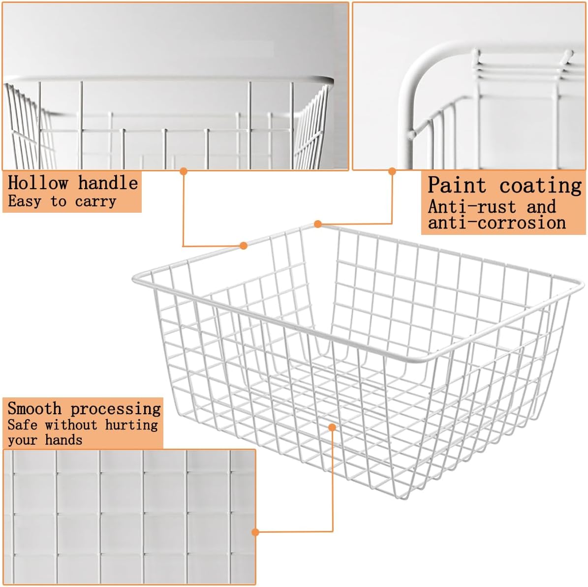 3 Pack Freezer White Wire Baskets for Organizing Office Wire Storage Basket with Built-in Handles, 14" Large White Metal Baskets for Pantry Freezer Kitchen Cabinets