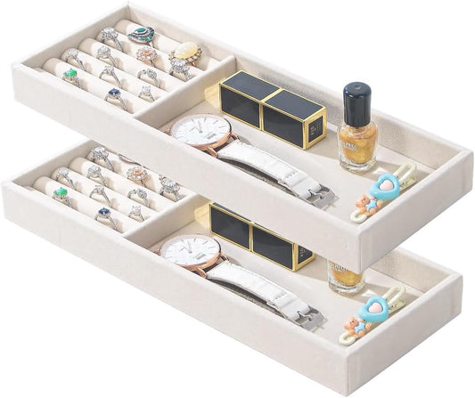 2Pcs Desk Drawer Storage Tray, Nightstand Organizer, Necklace Bracelet Ring Earring Jewelry Display, Grid Table Organizer Holder for Sunglass, Phone, Watch, Perfume (2 grid)/Beige