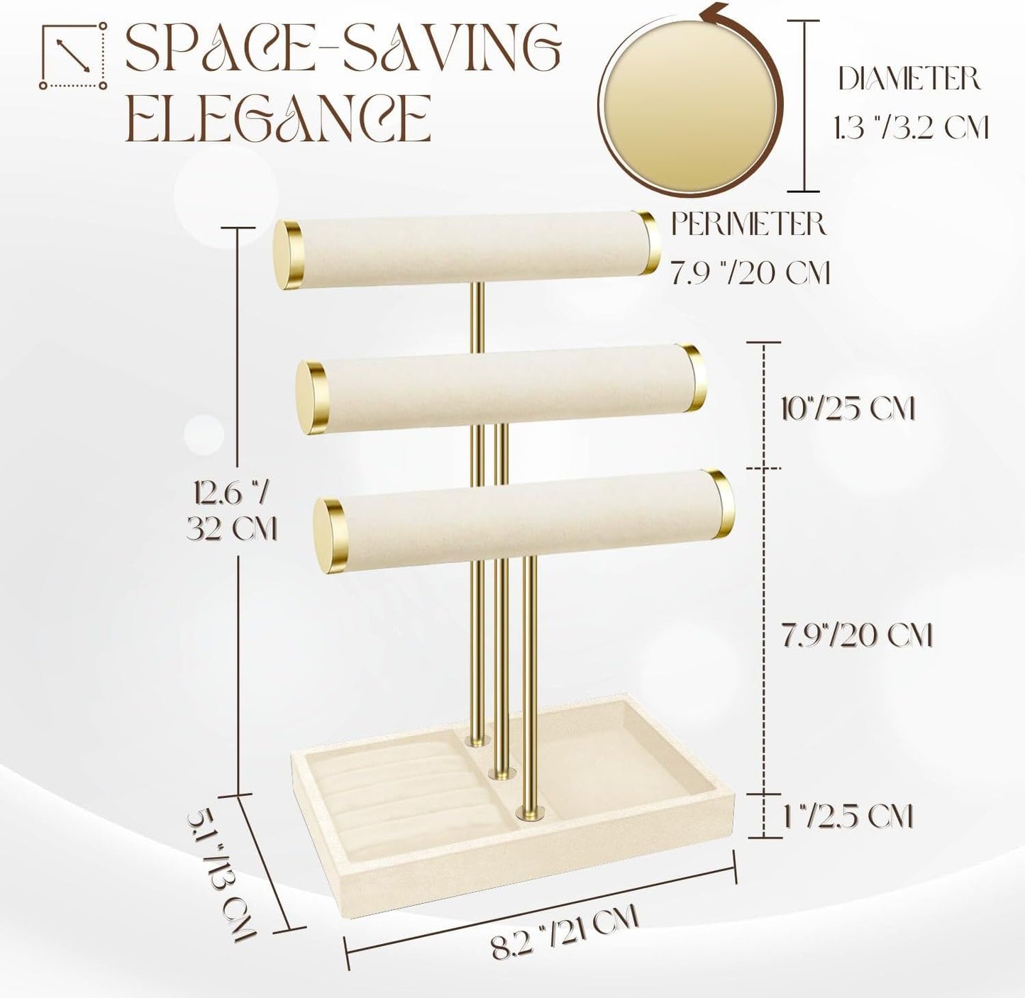 Flexzion 3 Tier Bracelet Holder Display Stand - Beige Velvet Bracelet Holder Organizer with Detachable T Bar - Jewelry Display Stand for Bracelets, Bangles, Necklace, Watches, Rings