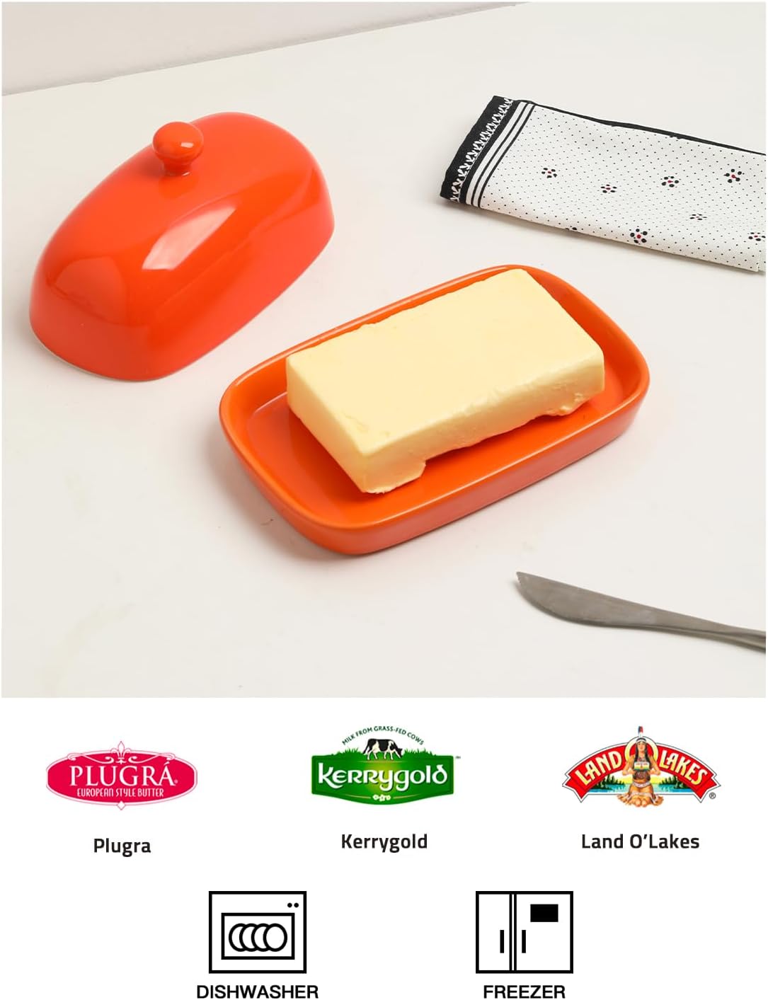 Sweejar Ceramic Butter Dish with Lid for Countertop,Porcelain Butter Keeper with Knob Handle,Butter Container for East/West Coast Butter, 7 inches (Orange)