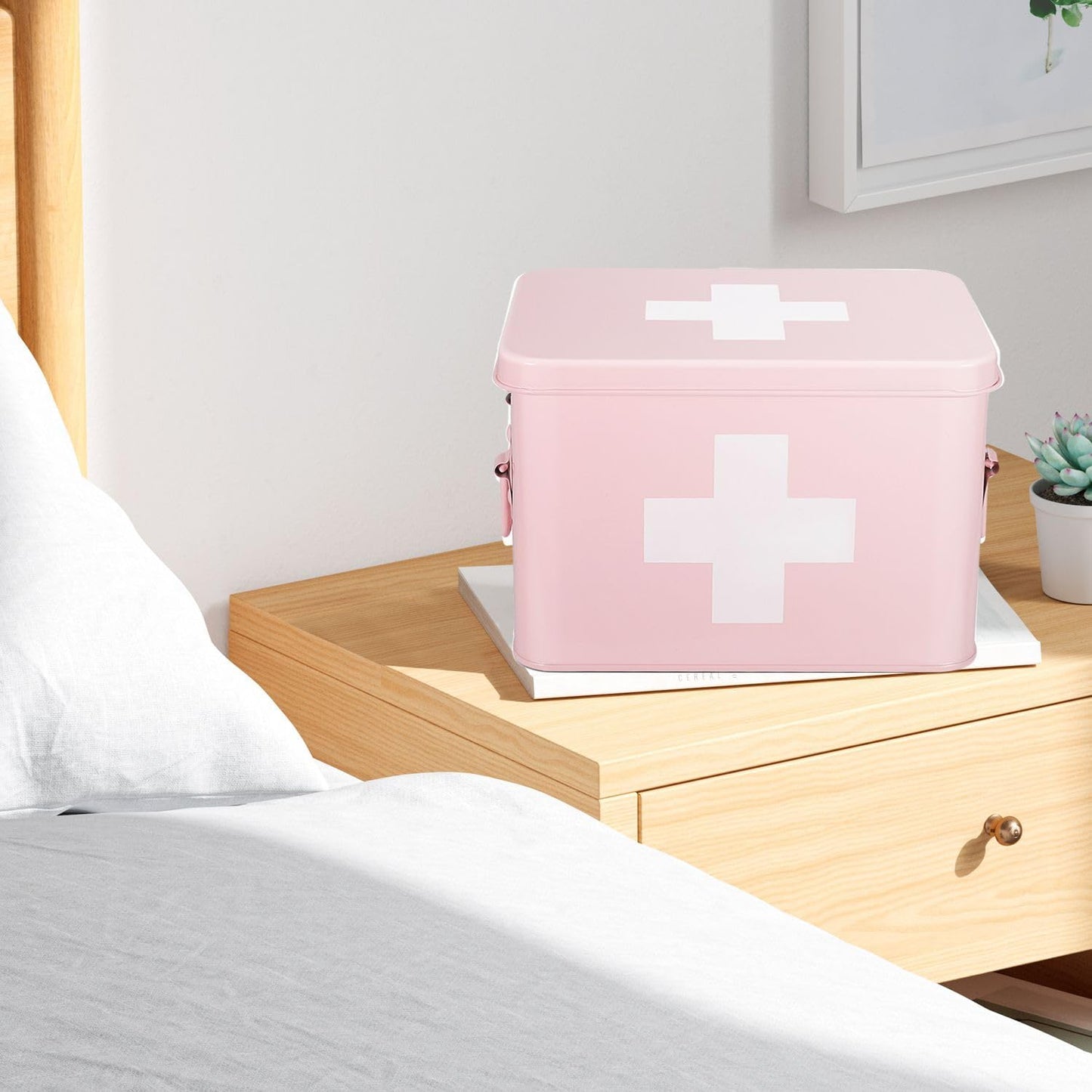 Flexzion First Aid Box Organizer, Empty 8.5 Inch Pink Vintage First Aid Kit Tin Metal Medical Box First Aid Storage Box Container Bins with Dividers, Removable Tray and Cross Logo