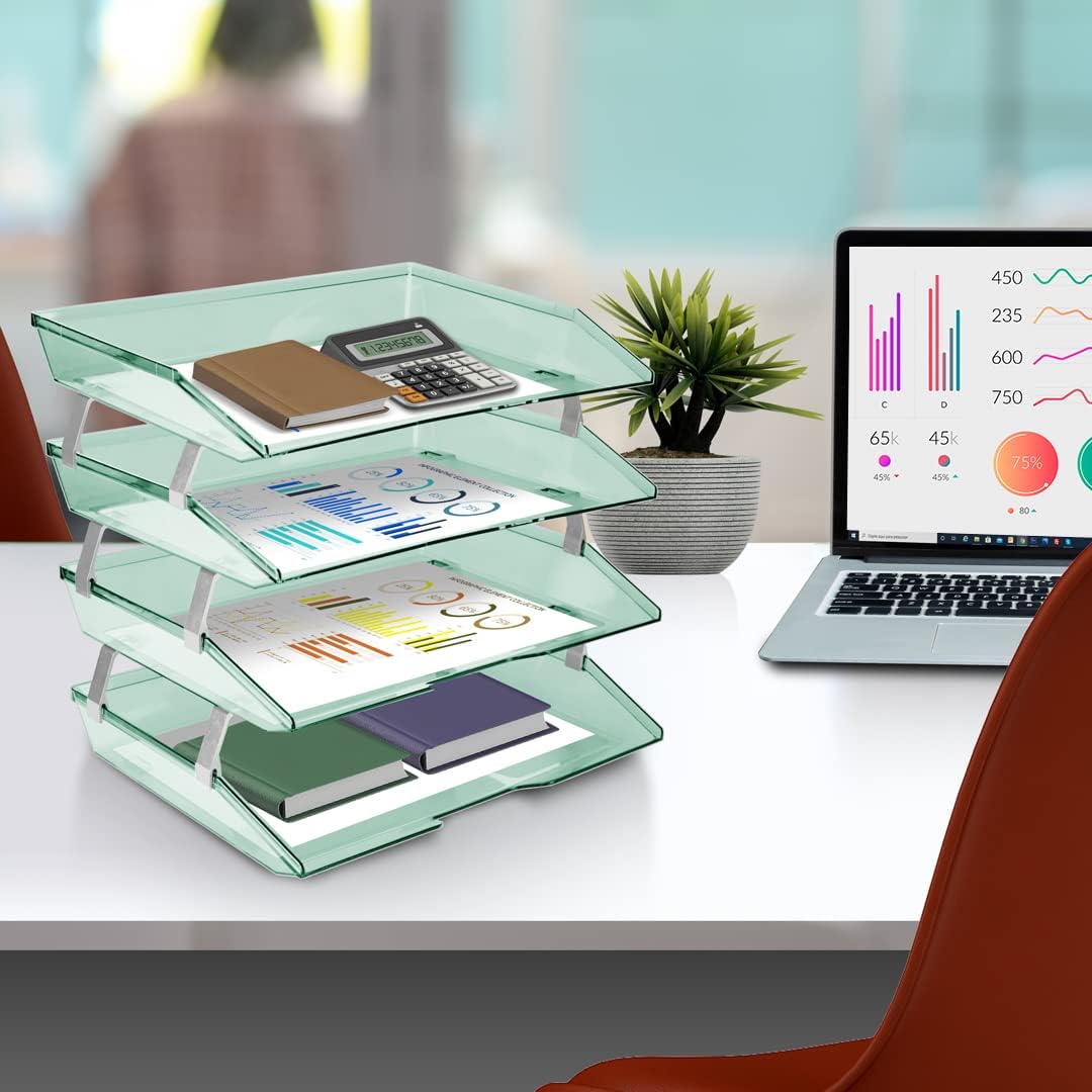 Acrimet Facility 4 Tier Letter Tray, Side Load, Letter Size/A4, Desktop File Organizer, Plastic (Clear Green)