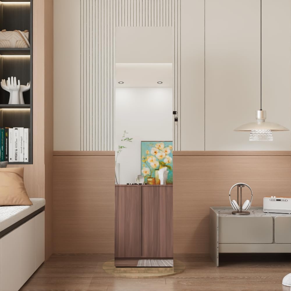 Montary 360° Rotating Jewelry Cabinet with Full-Length Mirror - Freestanding Jewelry Armoire with Lockable Storage, Built-In Lighted Mirror & Back Display Shelves,Brown