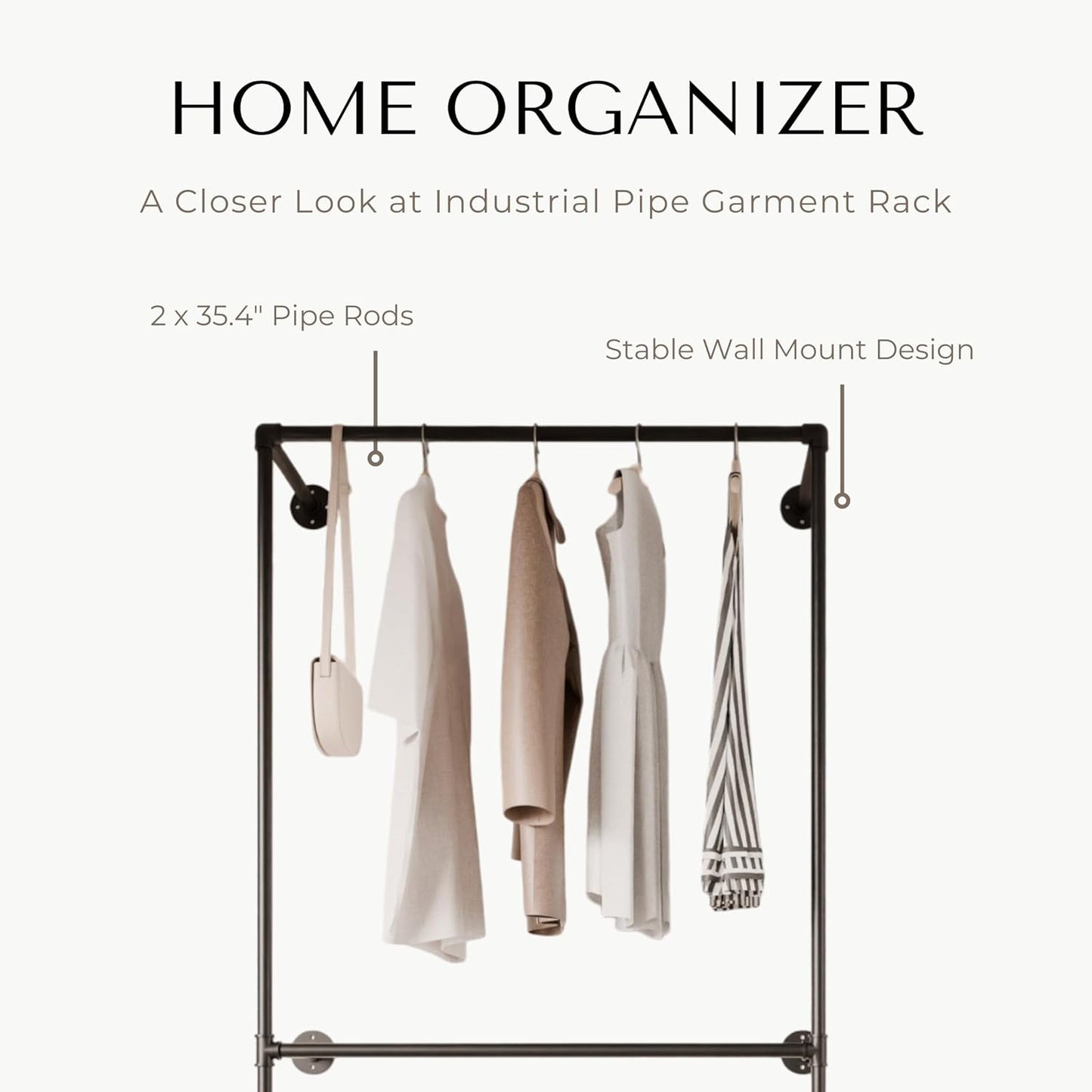 Industrial Pipe Clothing Rack, Heavy Duty Wall Mounted Clothes Rack,Retail Display Hanging Garment Rod for Laundry Room, Closet Storage - 14.6x37.4x82.7 Inches, Model K01