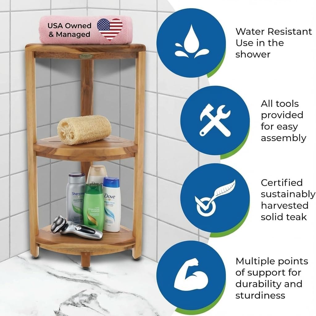 EcoDecors SnazzyCorner Natural Teak Corner Shower 3 Tier Shelf – Bathroom Organizer | Natural Wood Colors | Waterproof Teak Shower Caddy | Bathroom Storage & Organization | 33 Inches Tall