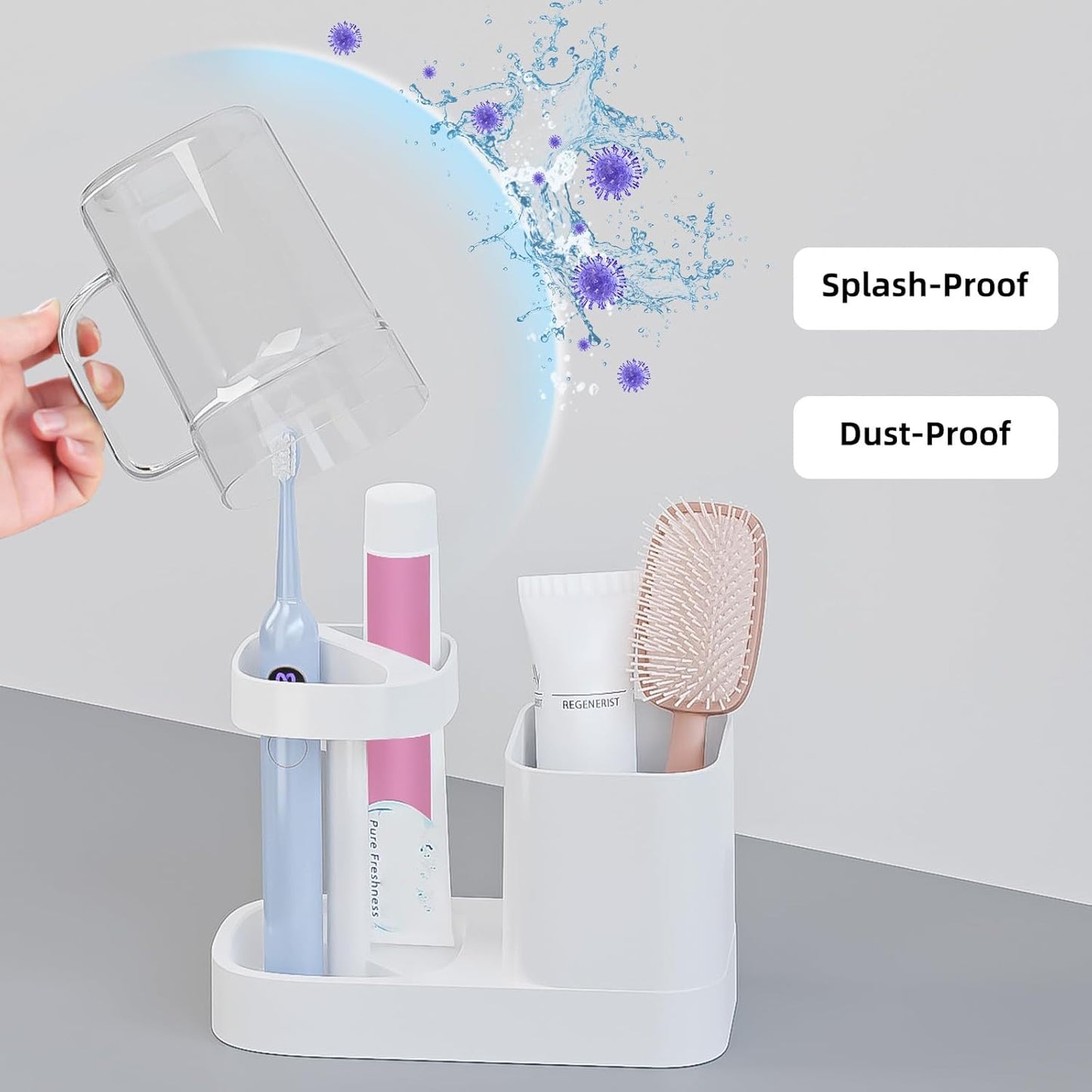 Toothbrush Holder with Cup/Cover Contains 2 Slots, Bathroom Counter Organizer for Electric Toothbrush, Toothpaste, Razors & Small Comb, Tooth Paste Holder for Home Hotel Countertop, White