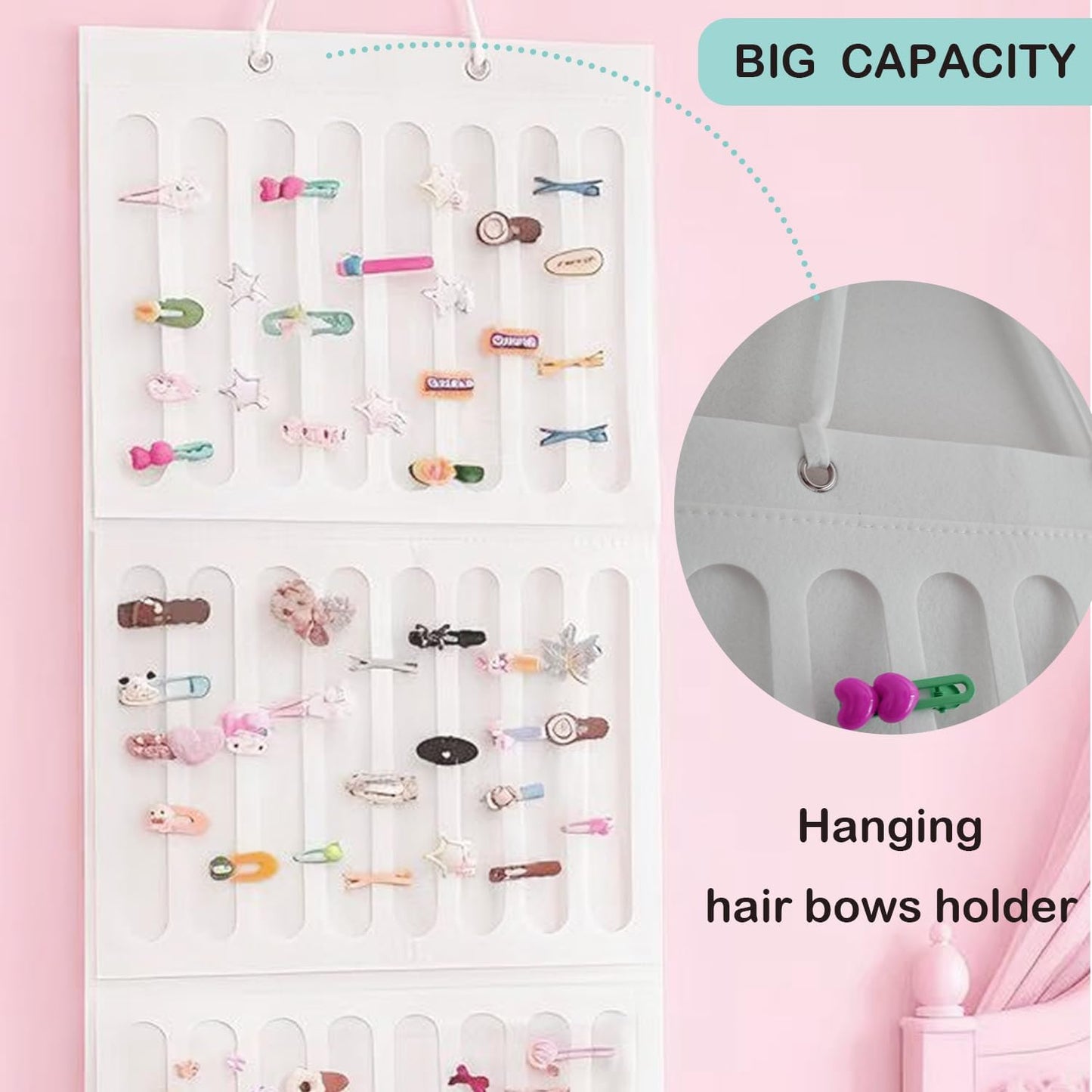 Hair Bows Holder & Organizer for Girls, Wall Hanging Baby Hair Accessory Storage Display with Sturdy Rope for Girl Room & Nursery