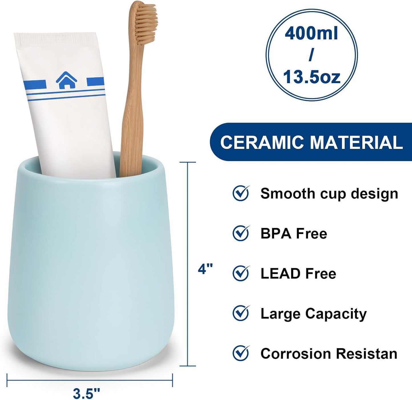 Bathroom Tumbler Cup Ceramic 2Pcs 13.5oz Reusable Toothbrush Cup 400ml,Toothbrush Holder Adequate for Your Bathroom (Cyan)