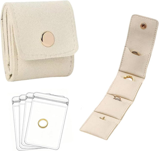 Mini Travel Jewelry Bag,Mini Jewelry Pouch,Protable travel Jewelry Storage Organizer Case,Small Jewelry Storage Roll with Buckle for Earrings,Rings,Necklaces (Off-white, 1Pcs)