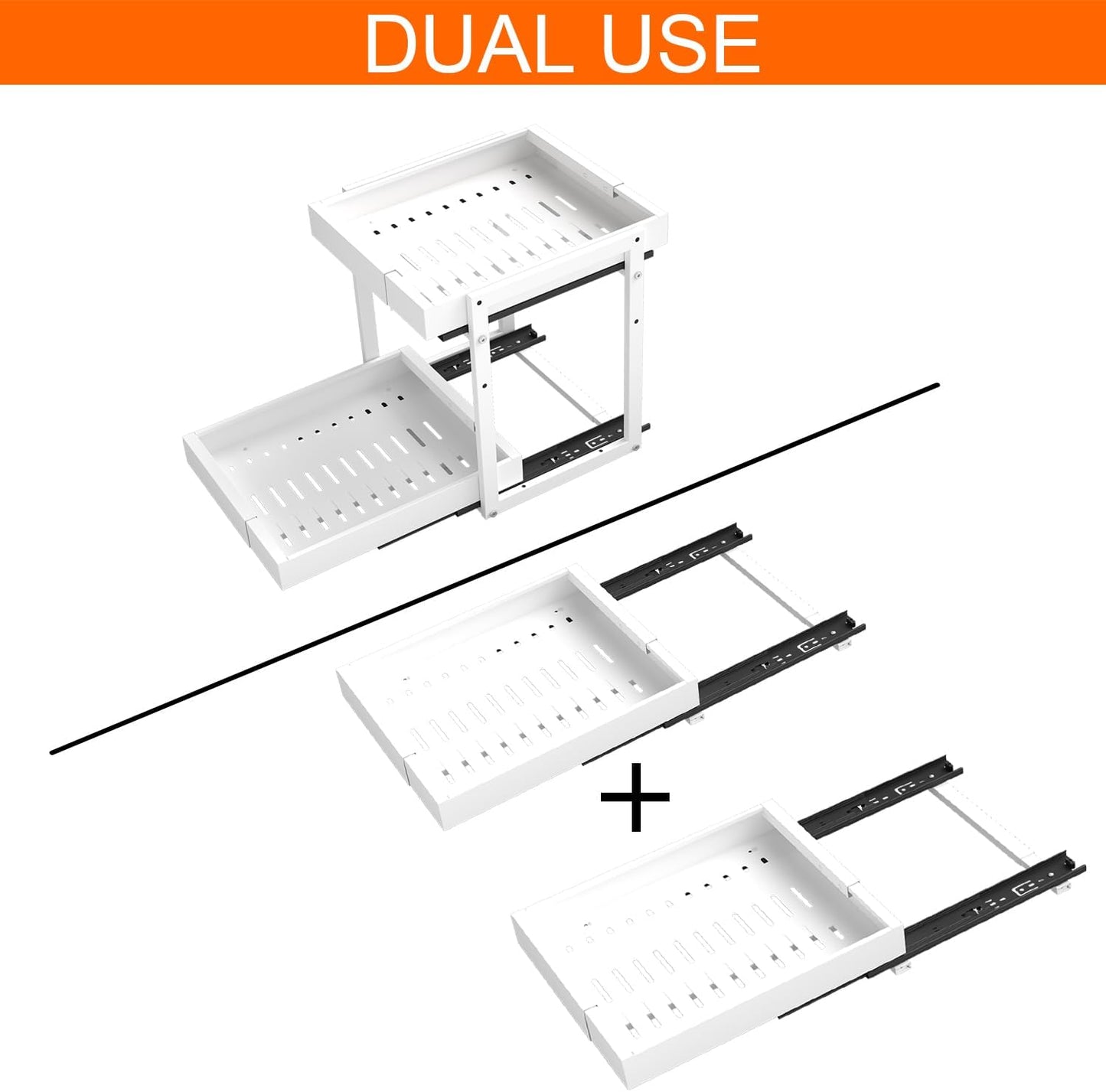 Golener 2-Tier Expandable Pull Out Cabinet Organizer - Slide Out Drawers for Kitchen Cabinets, Bathroom Organizers and Storage, Under Sink Organizer for Kitchen Storage Organization, White Metal Frame