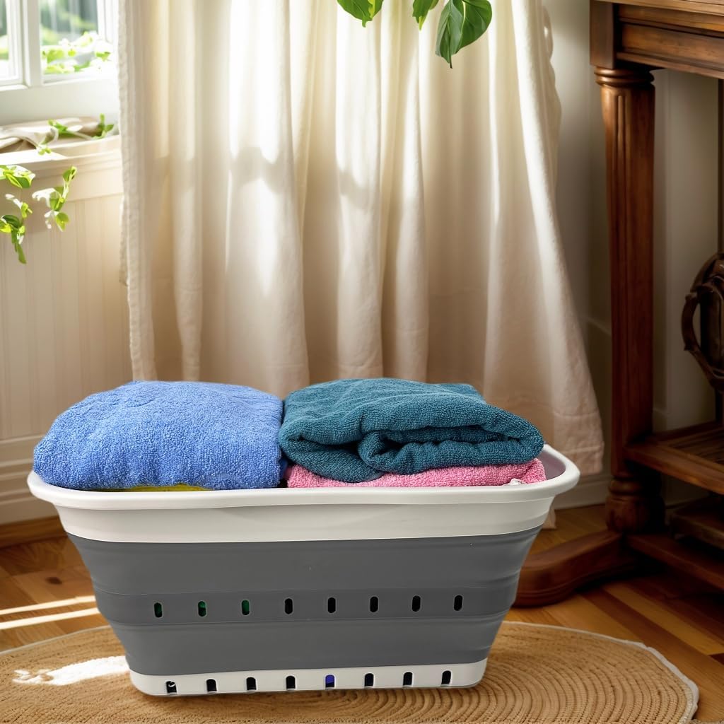 SAMMART 42L (11 gallon) Collapsible Plastic Laundry Basket - Foldable Pop Up Storage Container/Organizer - Space Saving Hamper/Basket (1, Grey/Steel Grey)