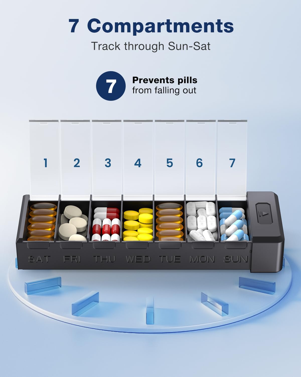 HEIYING 7 Days Pill Organizer with Aluminum Shell for One Week Capacity, Portable Metal Pill Case to Hold Vitamin, Medicine, Supplements