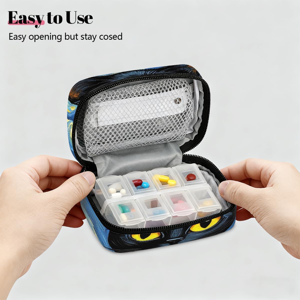 Black Cat Starry Night Pill Organizer Travel Medicine Case with Zipper Daily Vitamin Storage Bag Portable 8 Slot Weekly Pill Box Supplement Holder for Home Office Gym Travel
