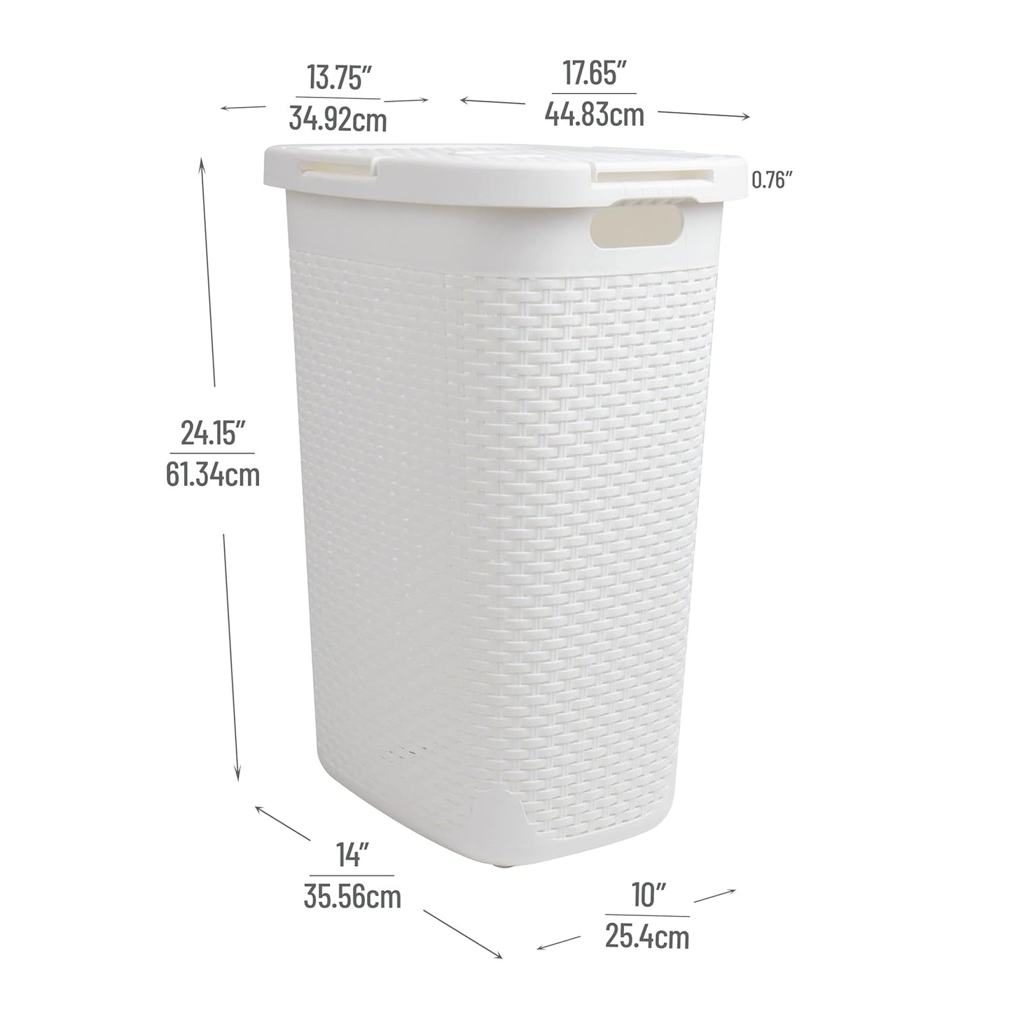 Mind Reader Slim Laundry Hamper with Lid, 60L Clothes Basket, Premium Wicker Design, Plastic, White