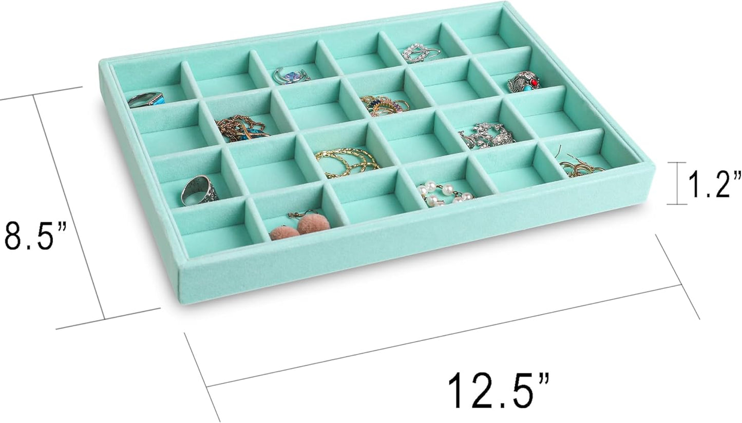 Frebeauty Stackable Velvet Jewelry Organizer Trays for Drawers Inserts Jewelry Storage Tray Display Case, Stud Earrings Bracelets Necklace Rings Accessories Trays for Women(Set of 2)(Turquoise)