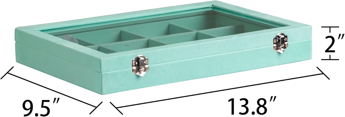 Frebeauty Velvet Jewelry Tray,12 Grid Jewelry Organizer with Clear Lid,Bracelets Holder,Jewelry Display Case with Clasp,Drawer Insert Bangle Brooch,13.8 x 9.5 x 2 Inches,Gift for Women Girl(Turquoise)