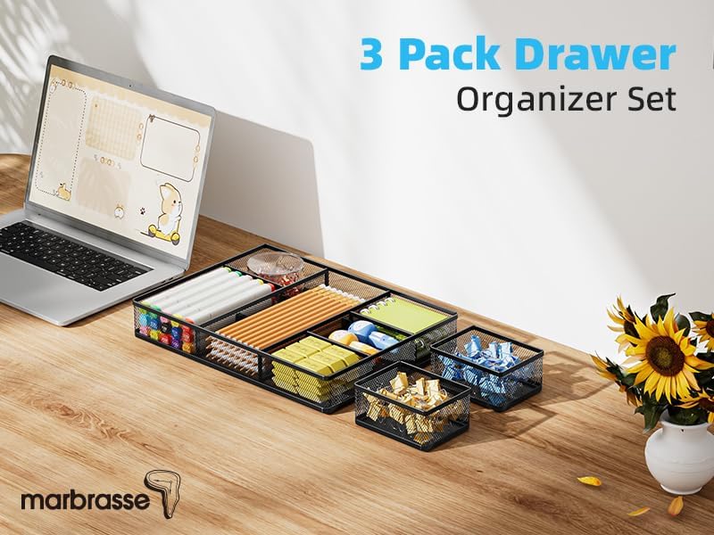 Marbrasse 3 Pack Desk Drawer Organizers with 9 Adjustable Compartments for Makeup, Office Supplies & Accessories (Black)