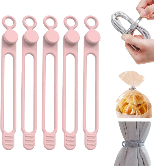 Data Cable Organizer, Silicone Cable Ties Reusable - Elastic Cord Organizer for Electronics, Adjustable Wire Ties for Cable Management,Computer Wires,Phone Charger,Earphone,Home Office (Pink, 5PCS)