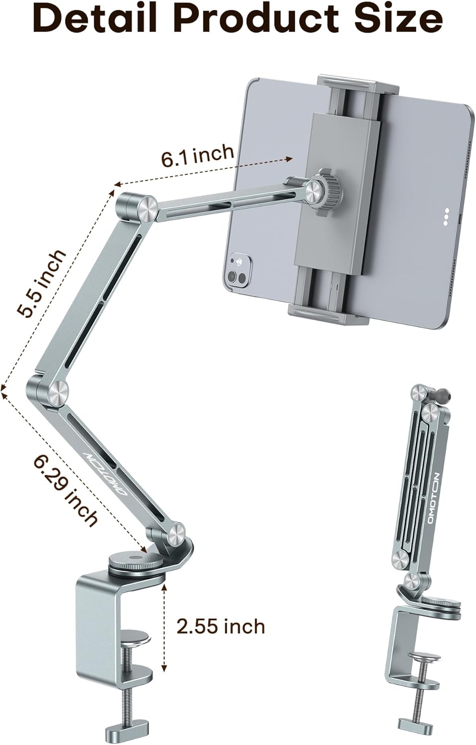 OMOTON Adjustable Tablet Stand for iPad, Desk Phone Holder for Bed with 2 Clamps, Flexible Aluminum Alloy Mount with 360° Rotation for 4-13" Devices