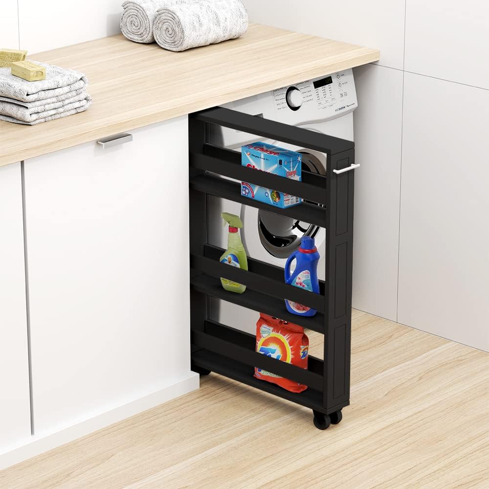 MUSEHOMEINC Compact Space Kitchen Pantry,3-Tier Kitchen Removable Storage Cart, Slim Slide Out Rolling Pantry Shelf for Narrow Spaces（Black）