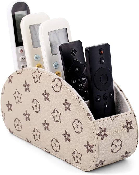 Remote Control Holders Organizer Box with 5 Compartment PU Leather Multi-functional Office Desk Storage Caddy Store Tv Remote for Media Player,Brush,Pencil,Glassees&Office Supplies (Begin+BrownF)