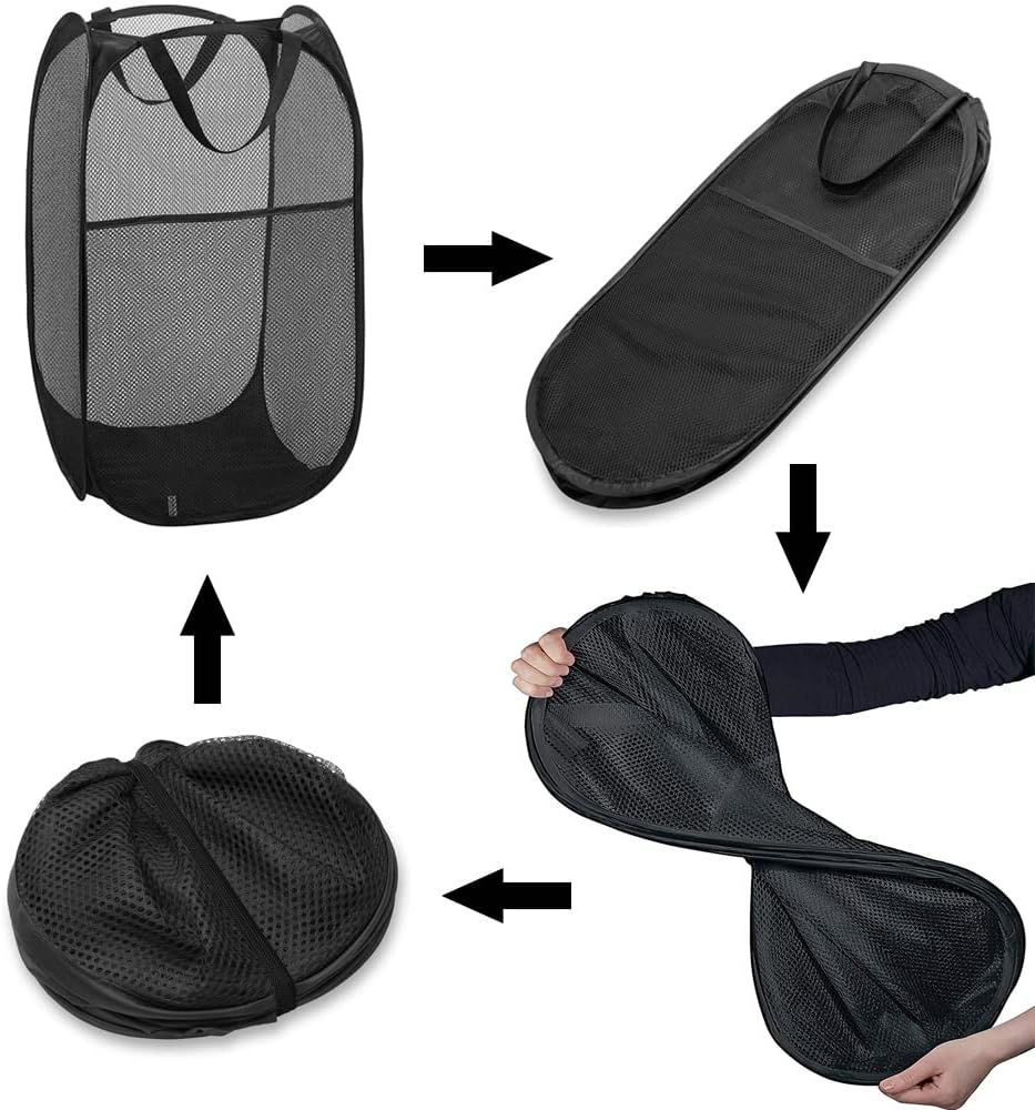 Larpur Popup Mesh Laundry Basket, Collapsible and Portable Clothes Washing Laundry Hamper with Reinforced Carry Handle (Black)