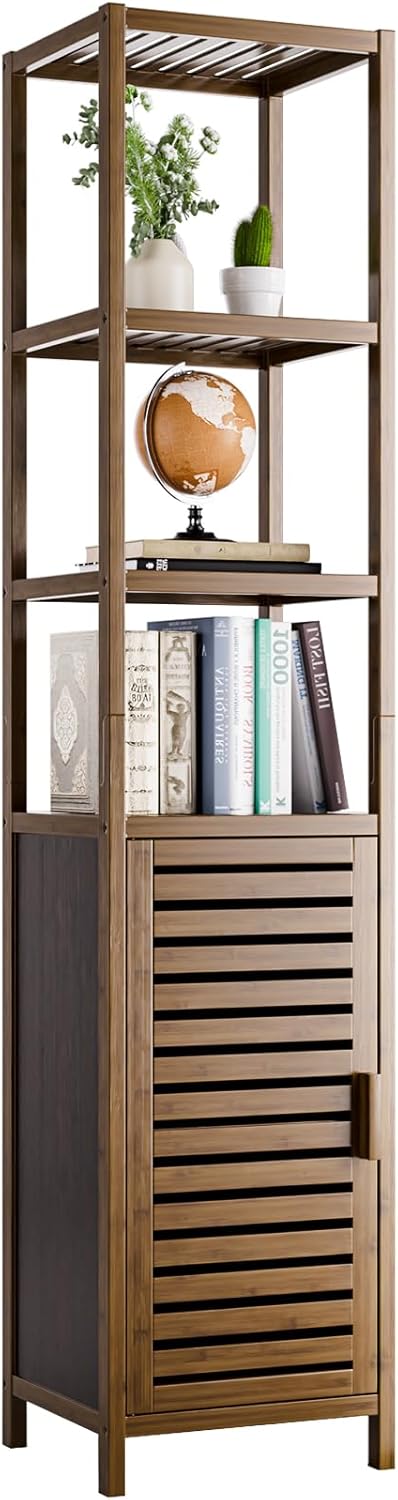 HITNET Bathroom Cabinet, Bamboo Floor Cabinet Freestanding Narrow Storage Unit with Removable Shelves, 6 Tier Tall Cabinet, Walnut
