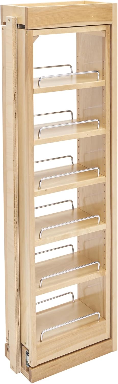 Rev-A-Shelf 6" W x 39" H Pull Out Quad Shelf Organizer for Wall & Base Kitchen Cabinets, Full Extension Filler Spice Rack, Adjustable, Wood, 432-WF39-6C