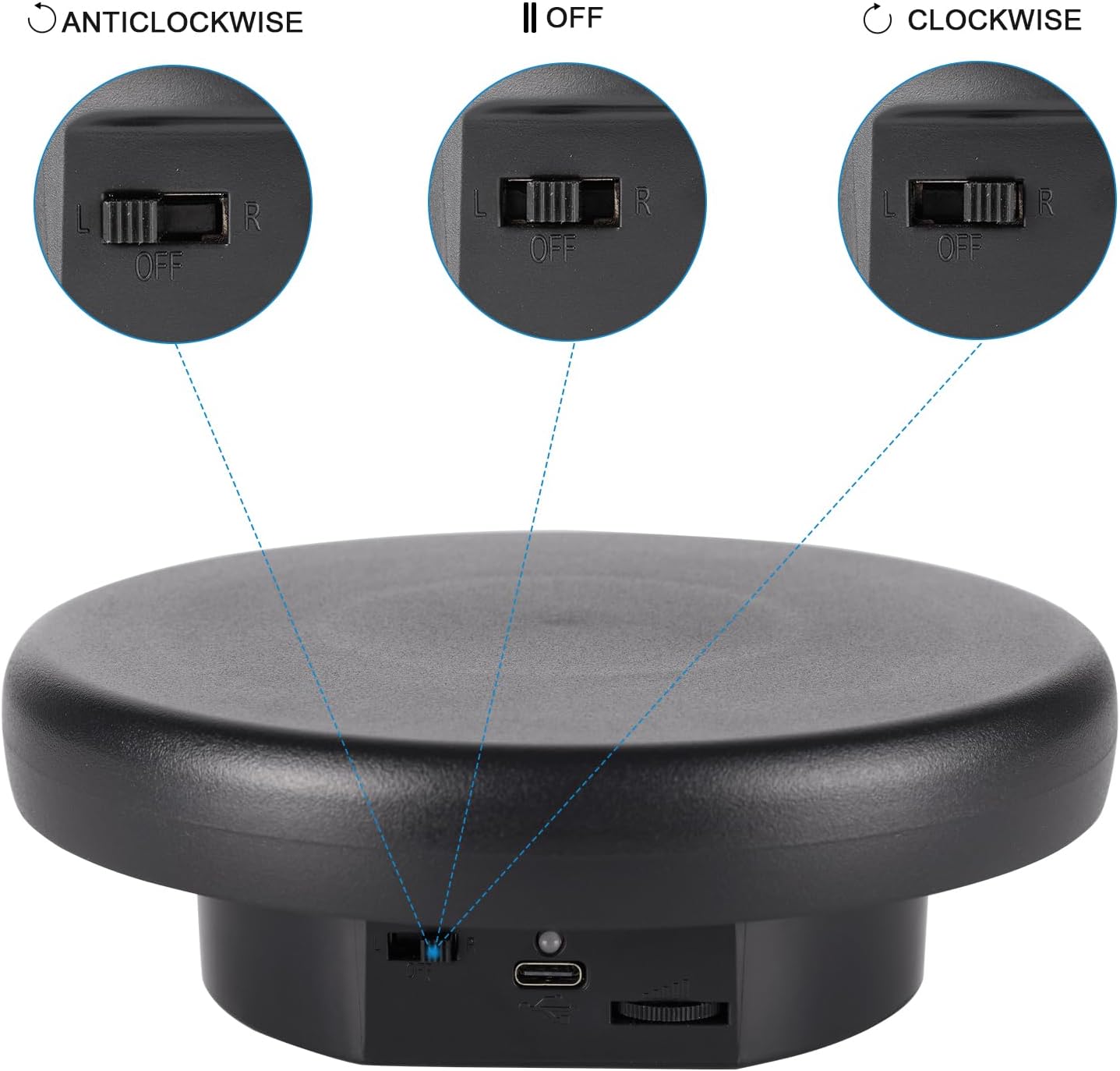 360° Electric Rotating Platform with Type-C Cable, 6.3in / 15lb Motorized Rotating Display for Jewelry Photography Products Live Show Video shoot, Mushroom Rotating Stand for 3D Model Cake Black
