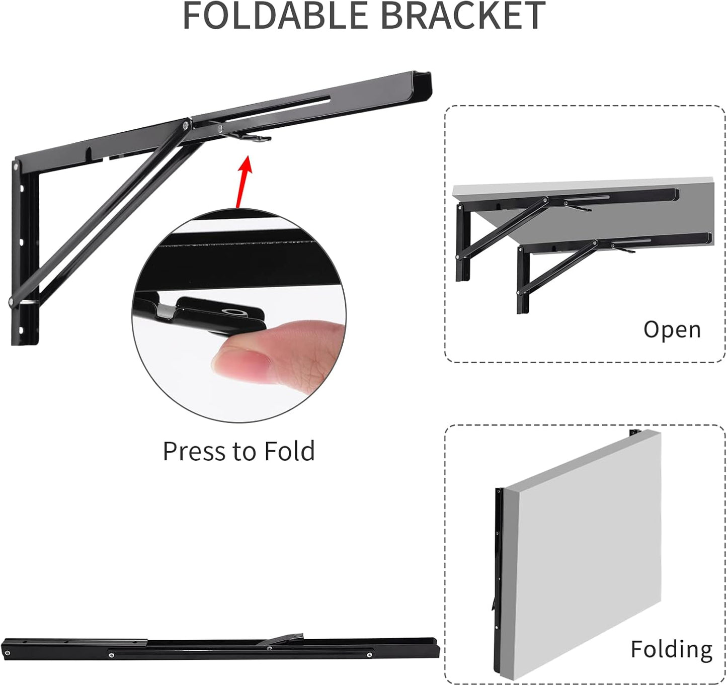 YUMORE Folding Shelf Brackets, 22 Inch Heavy Duty L Bracket, Black DIY Collapsible Shelf Bracket for Workbench Folding Table Hinge, Max Load: 330lb, Pack of 2