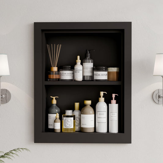 Solid Wood 14 X 18 Recessed Medicine Cabinet,2-Tier, Medicine Cabinet Organizer,Wall Niche, Bathroom Wall Cabinet Black