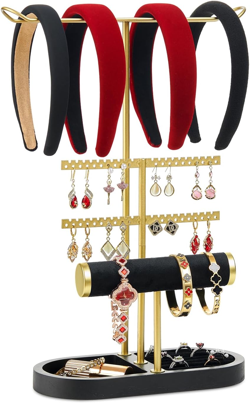 3 Tiers Jewelry Organizer, Earring Holder Organizer with 80 Holes, T-Bar Beige Velvet Bracelet Holder for HeadBands, Earrings, Bracelets, Rings Jewelry Holder Organizer (Black Gold)