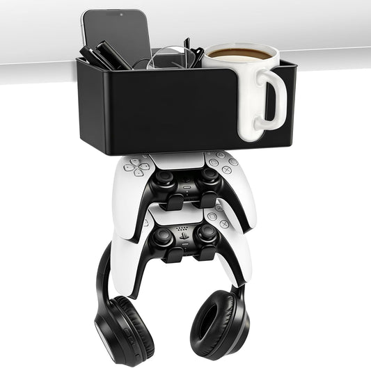 5 in 1 Controller Holder - Desk Cup Holder and Headphone Hanger, Rotatable Under Desk Clamp Organizer Dual Gamepad Headset Stand Gaming Desks Accessories for Xbox, PS4, PS5, PC, Switch