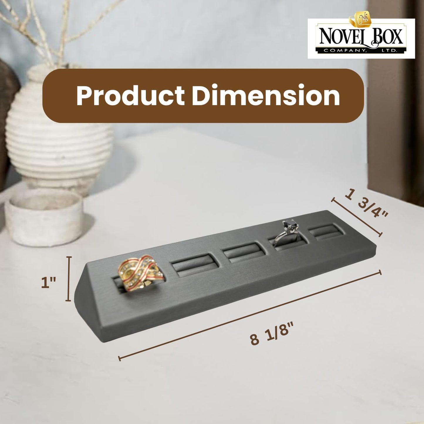 Novel Box 5-Slot Silver Leatherette Rings/Earrings/Cufflinks Holder Tray 8.12x1.75x1 Inches - Ring Holder Organizer for Selling or Personal Use - Jewelry Display Trays for Special Occasions