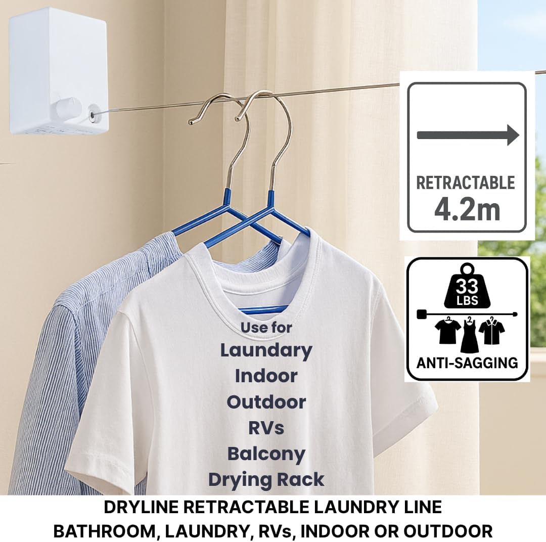 Dryline Retractable Clothesline, White, Indoor Outdoor Wall Mounted Drying Rack, 15kg Weight Capacity, 4.2m Length, for Laundry Room, RV, Bathroom