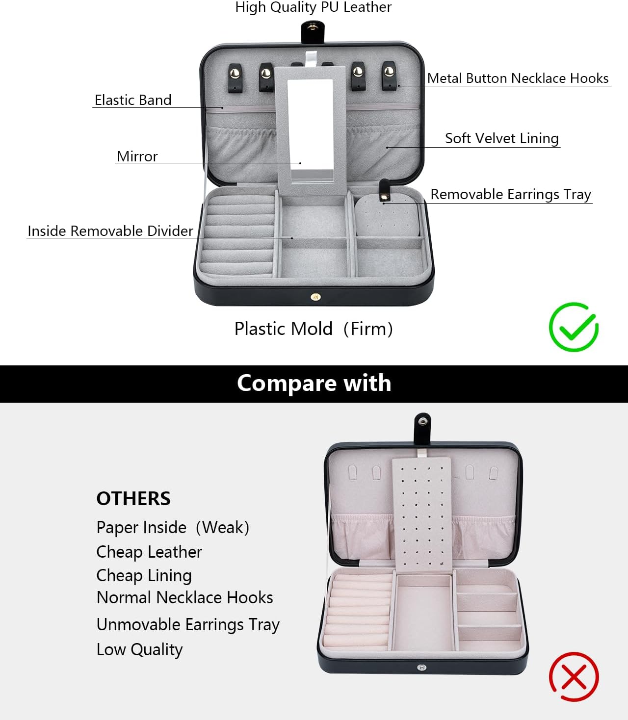 Travel Jewelry Organizer with Mirror Portable Case Small Jewellery Box Gift for Women for Earrings Rings Necklaces, Black A-1